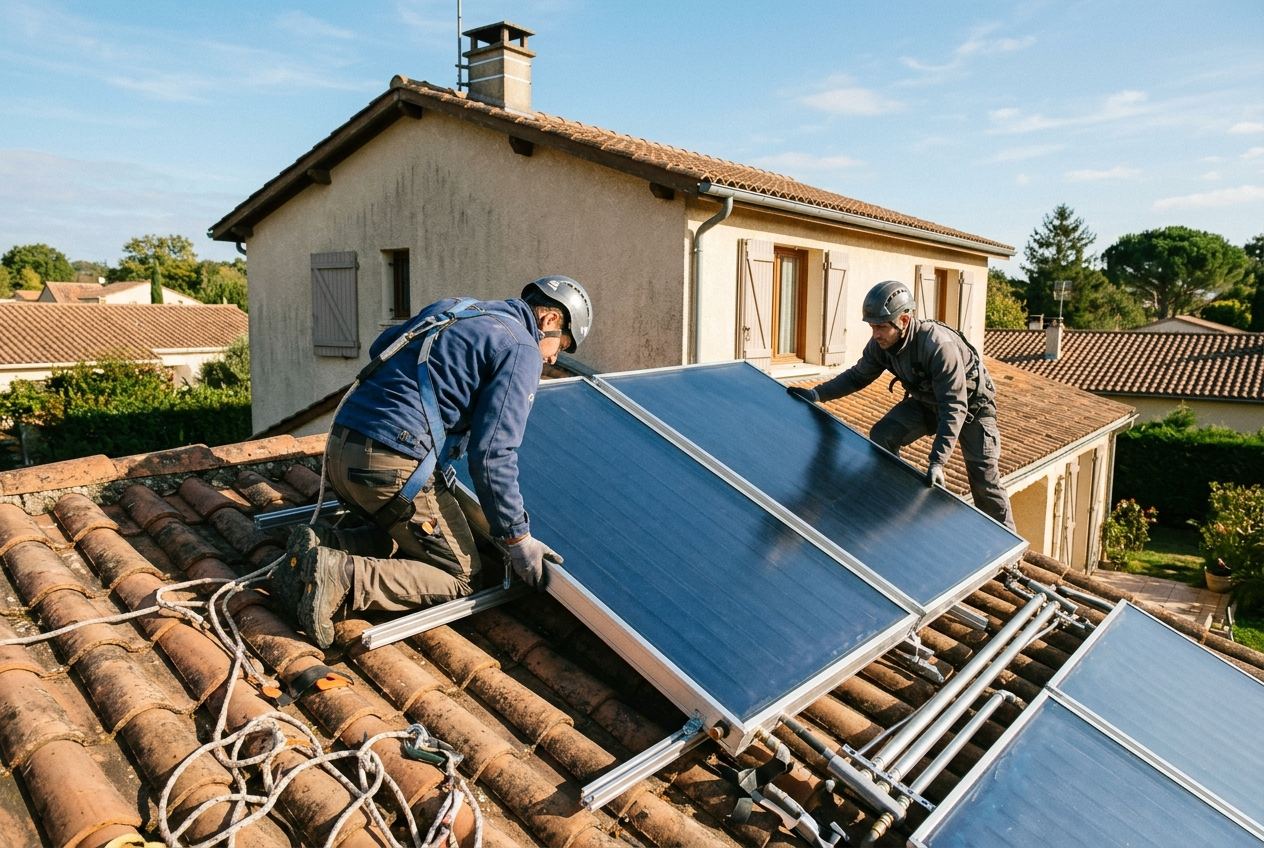 Pose de capteurs solaires thermiques sur le toit d'une maison individuelle