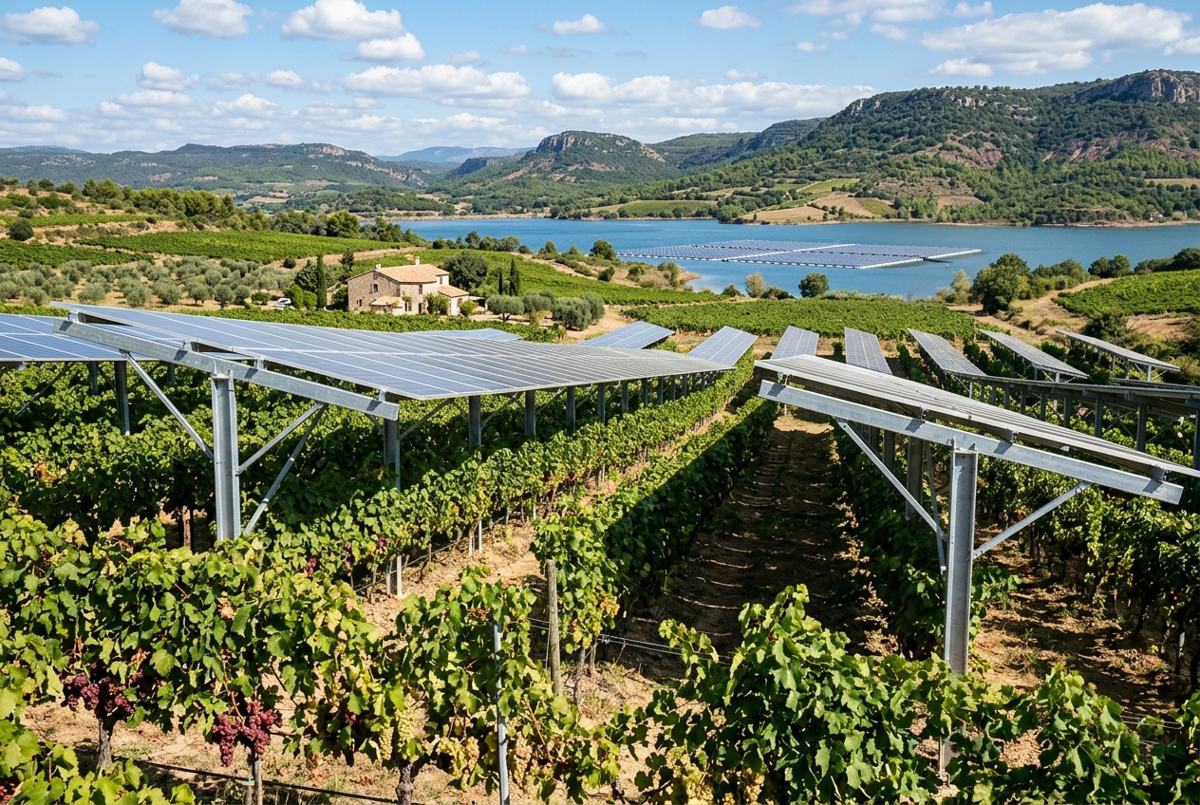 Panneaux photovoltaïques surélevés au-dessus d'un vignoble, panneaux flottants sur un lac au loin