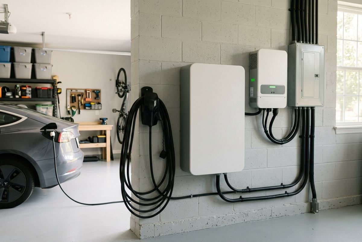 Batterie domestique murale et onduleur dans un garage avec une voiture électrique en charge