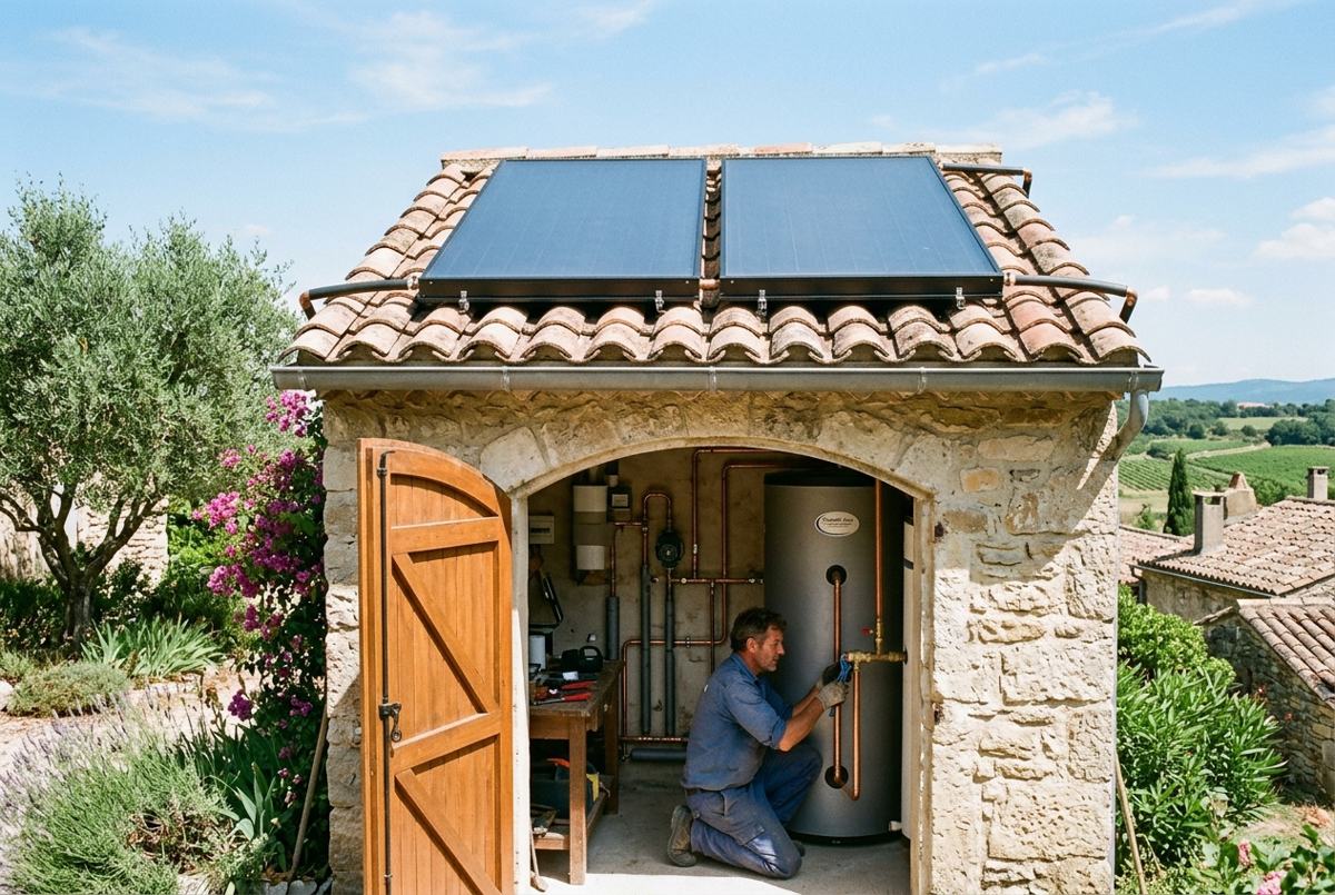 Capteurs solaires thermiques sur une maison provençale et plombier intervenant sur le ballon