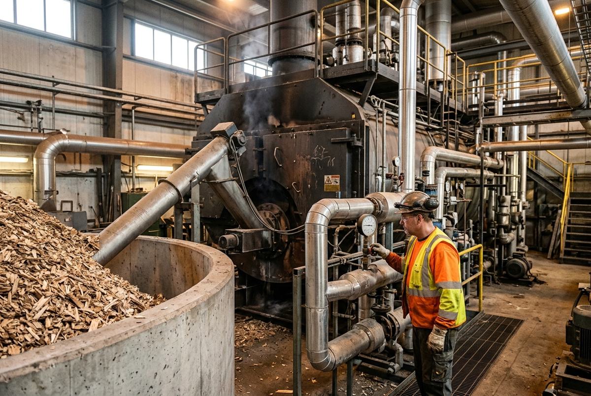 Intérieur d'une chaufferie biomasse industrielle avec silo à plaquettes de bois