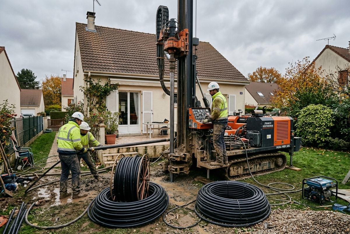 Foreuse géothermique dans le jardin d'un pavillon de banlieue parisienne