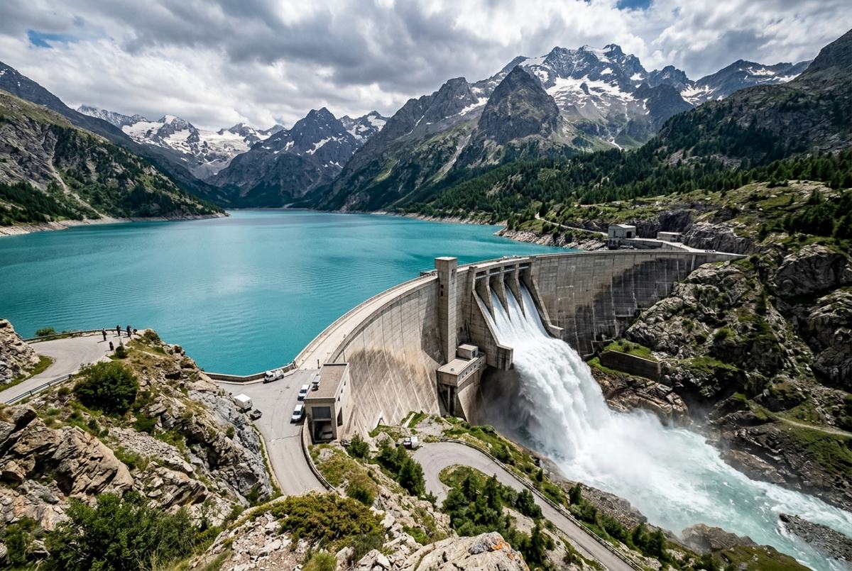 Barrage hydroélectrique dans les Alpes françaises avec déversoirs en action