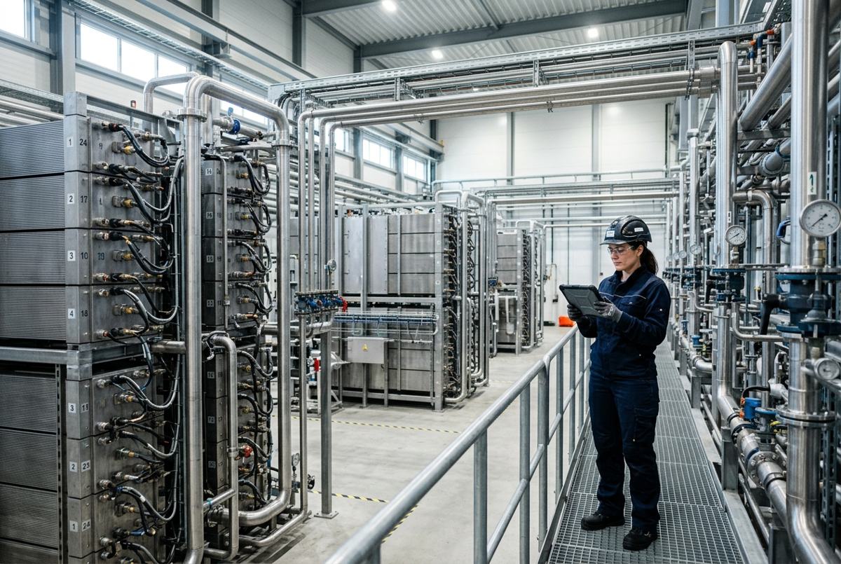 Intérieur d'une usine d'électrolyse pour la production d'hydrogène vert