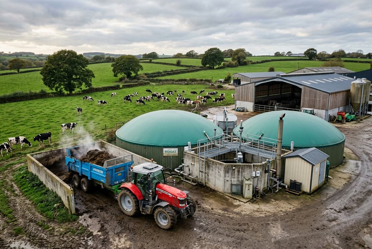 Unité de méthanisation agricole avec digesteurs à dôme vert à côté d'une exploitation laitière