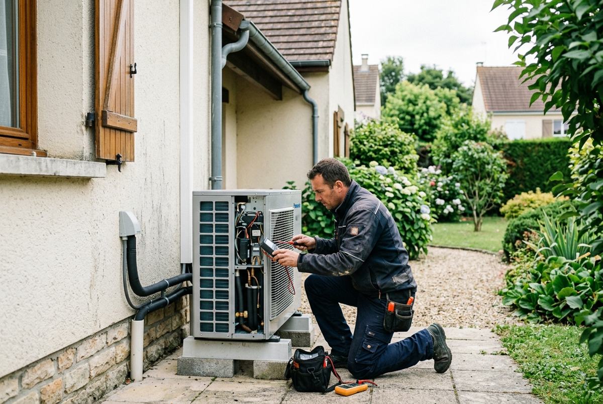 Technicien intervenant sur l'unité extérieure d'une pompe à chaleur air/eau