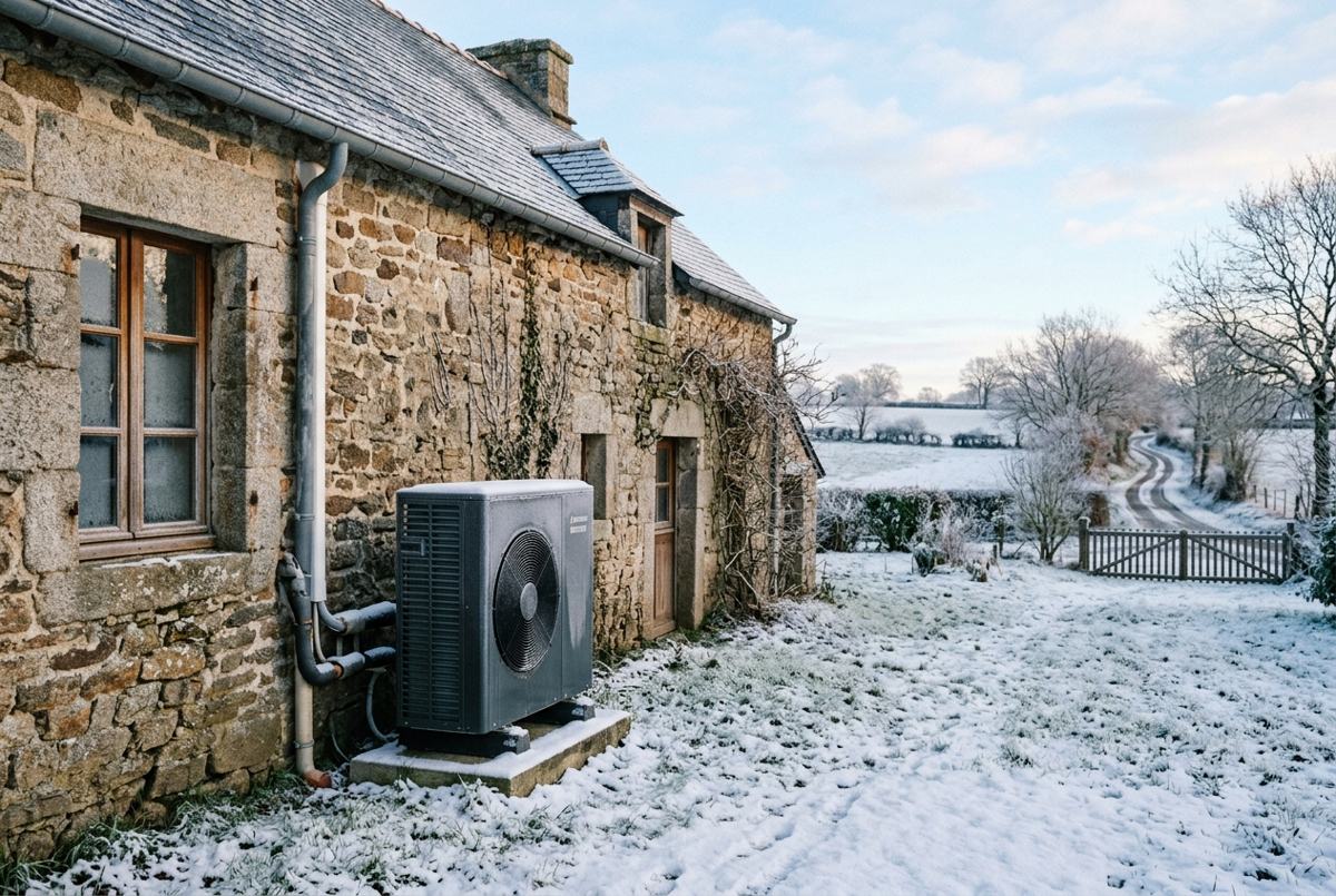 Unité extérieure de pompe à chaleur givrée devant une maison en pierre sous la neige