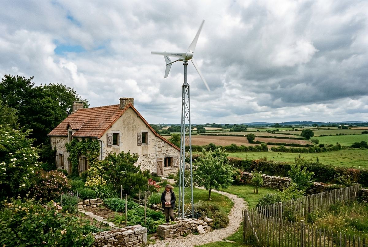 Petite éolienne domestique sur un mât dans le jardin d'une ferme