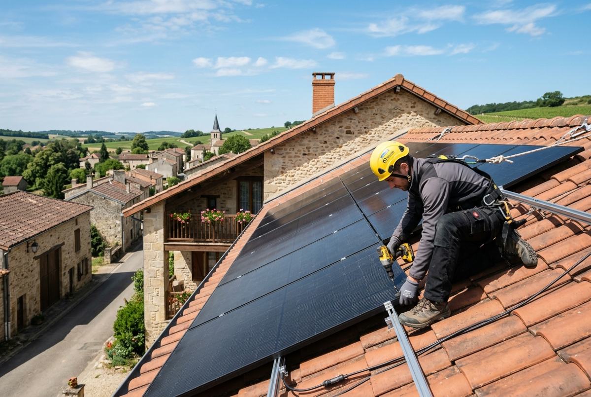 Installateur fixant des panneaux photovoltaïques sur une toiture en tuiles