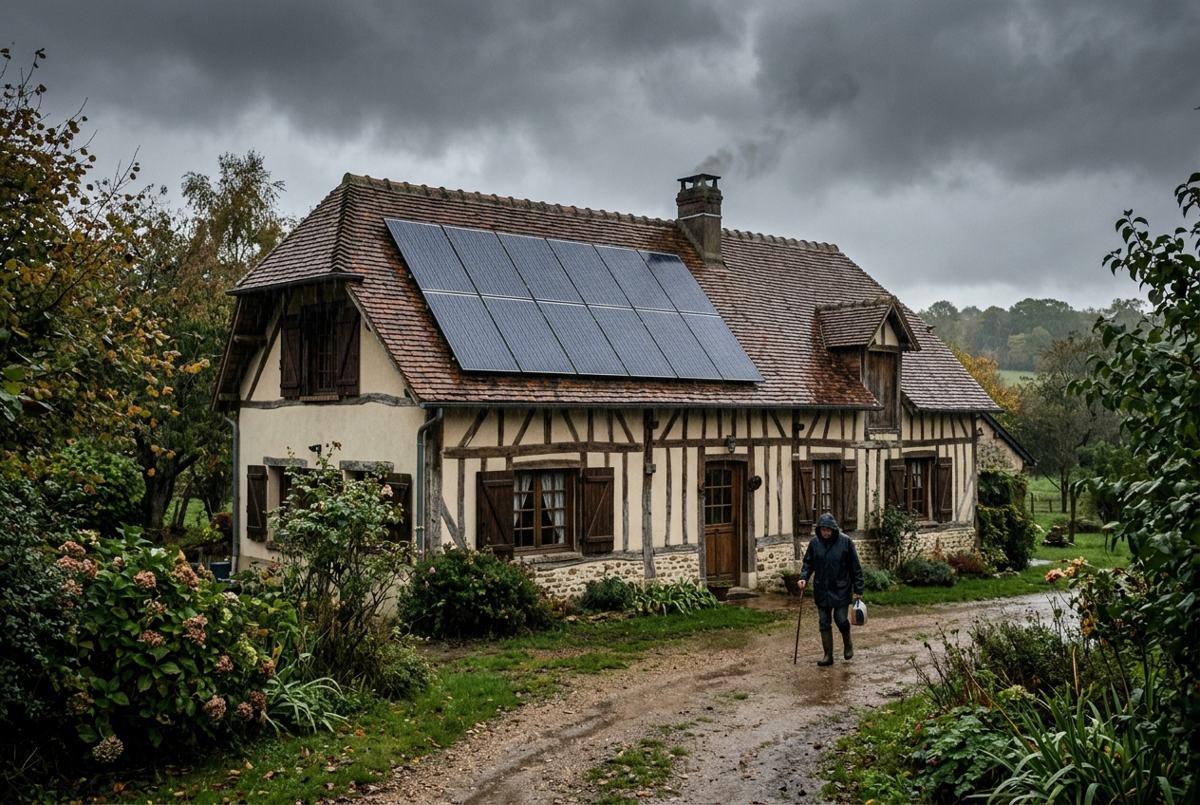 Panneaux photovoltaïques sur une maison normande sous un ciel gris et pluvieux
