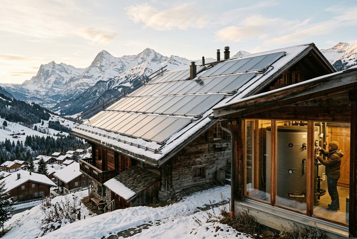 Grands capteurs solaires thermiques sur le toit d'un chalet alpin enneigé